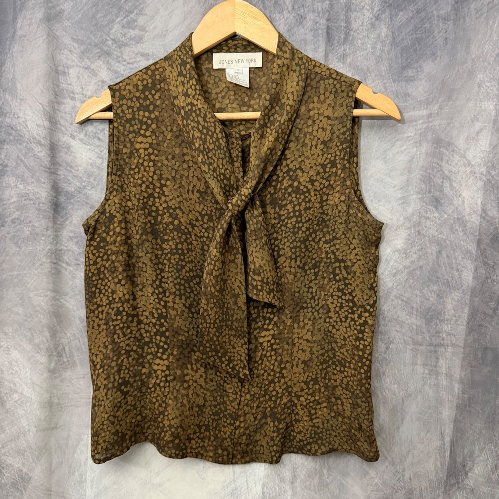 Jones New York Olive Brown Dot Silk Bow Blouse Size 8 Sleeveless Office